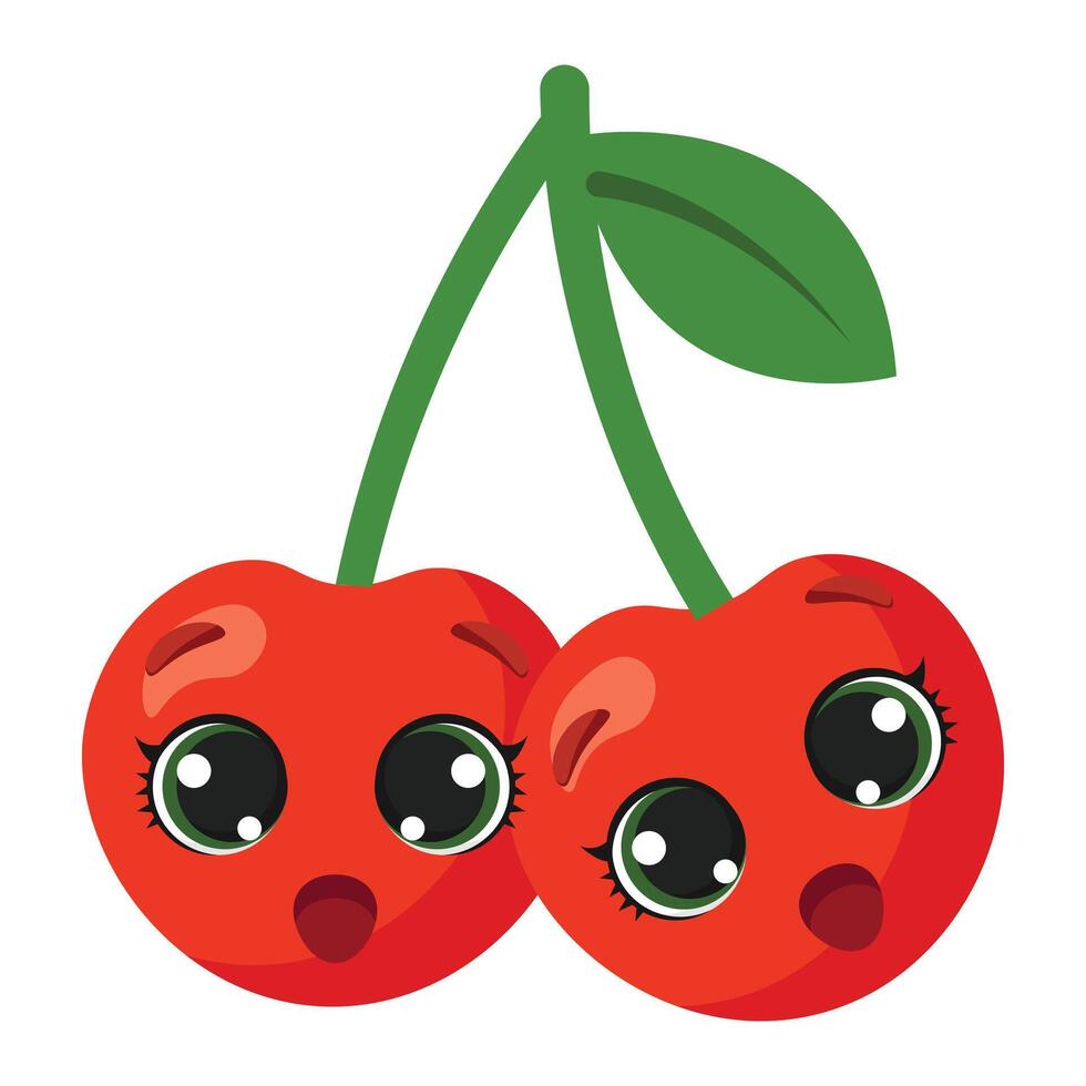 Happy twin cherries with big shiny eyes and green leaf, perfect for kids designs, summer food concepts, healthy lifestyle visuals and fruit-themed graphics vector