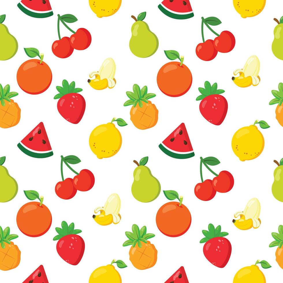 Colorful seamless fruit pattern with cherries, oranges, bananas, watermelons, and strawberries on a white background. Ideal for packaging, fabric, and summer designs vector