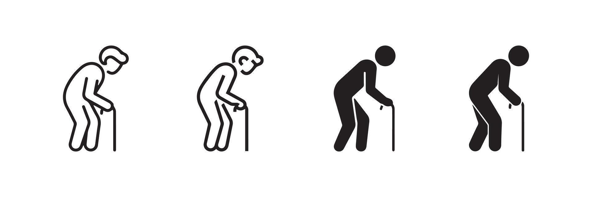 Elderly Person Walking with Cane Icon Set Illustration vector