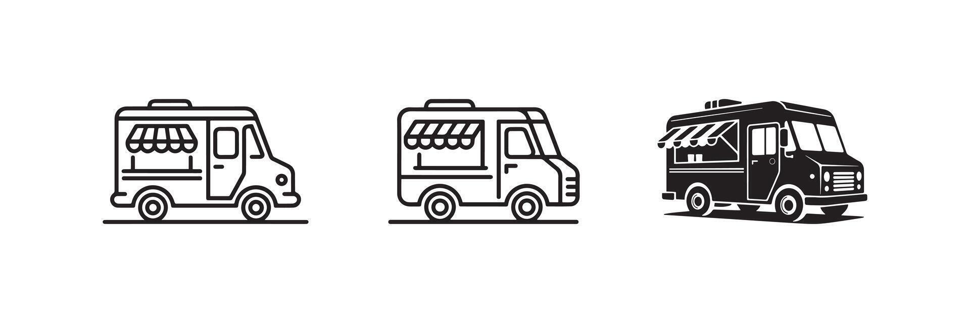 Minimalist Food Truck Icon Set Black and White Mobile Street Food Van vector