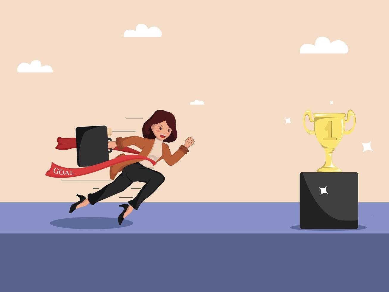 Businesswoman Running Through Finish Line Toward Trophy, Symbolizing Goal Achievement, Success, and Career Motivation. vector