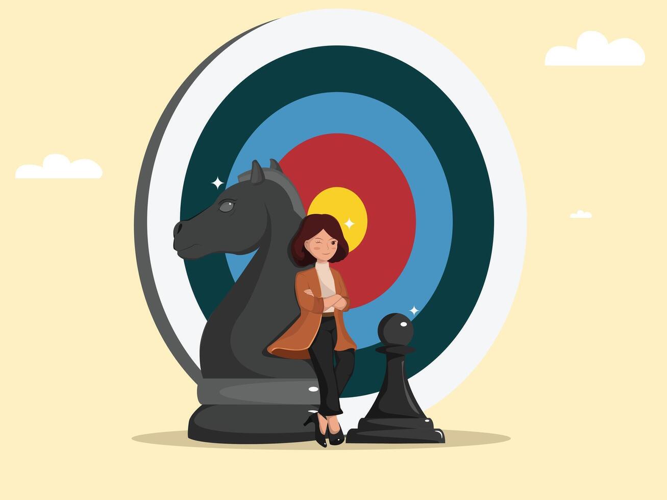 Confident Businesswoman Standing with Chess Pieces in Front of a Colorful Target Board Symbolizing Strategic Success and Goal Achievement. vector