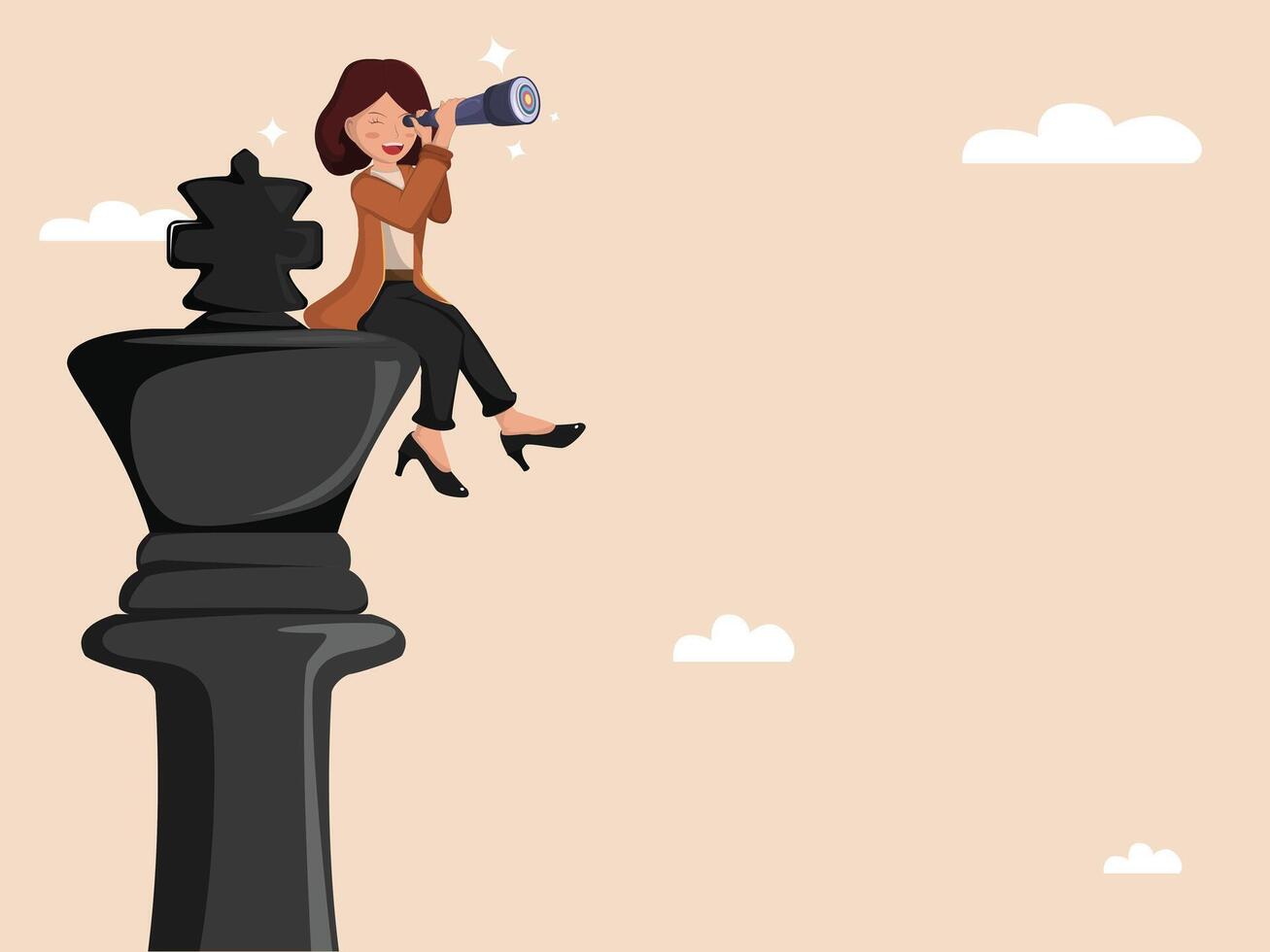 Visionary Businesswoman Sitting on Giant Chess King with Telescope Aiming at Target, Symbolizing Strategic Vision, Leadership, and Long-Term Goal Planning. vector