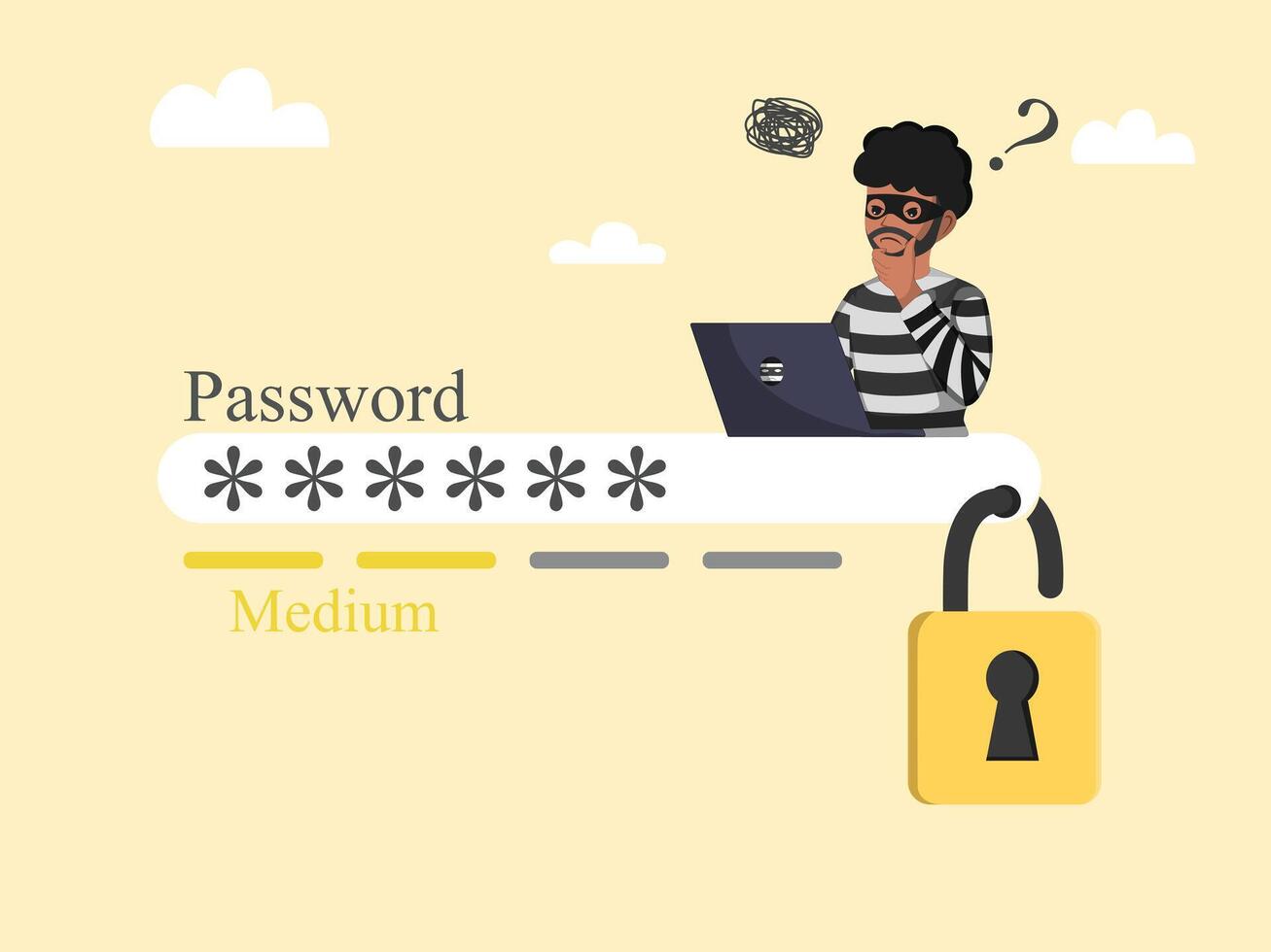 Medium Password Security Level Illustration with Confused Hacker and Unlocked Padlock Representing Moderate Risk. vector