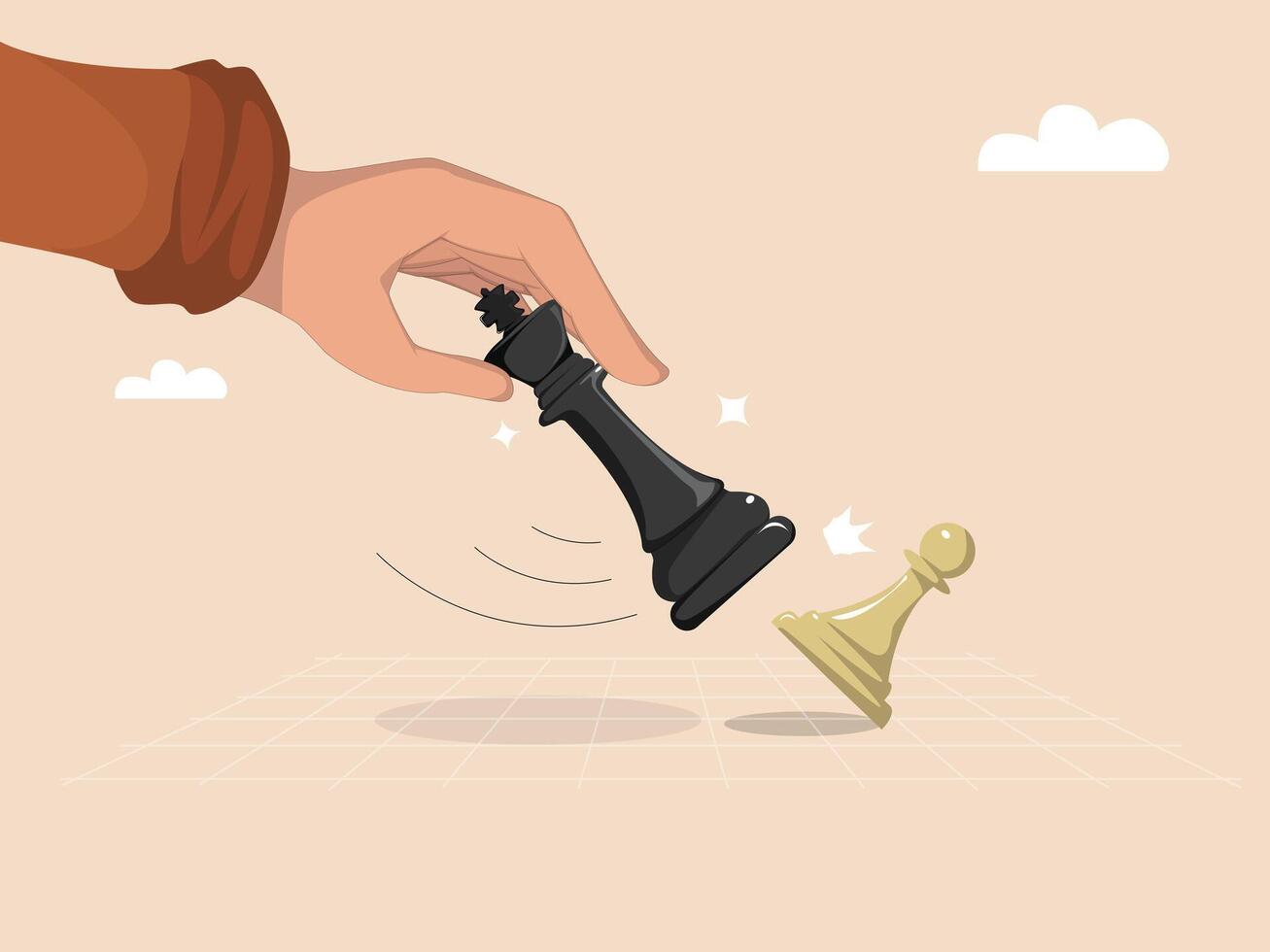 Close-Up Hand Holding Black Chess King Knocking Over White Pawn Symbolizing Strategic Victory and Power Decision vector