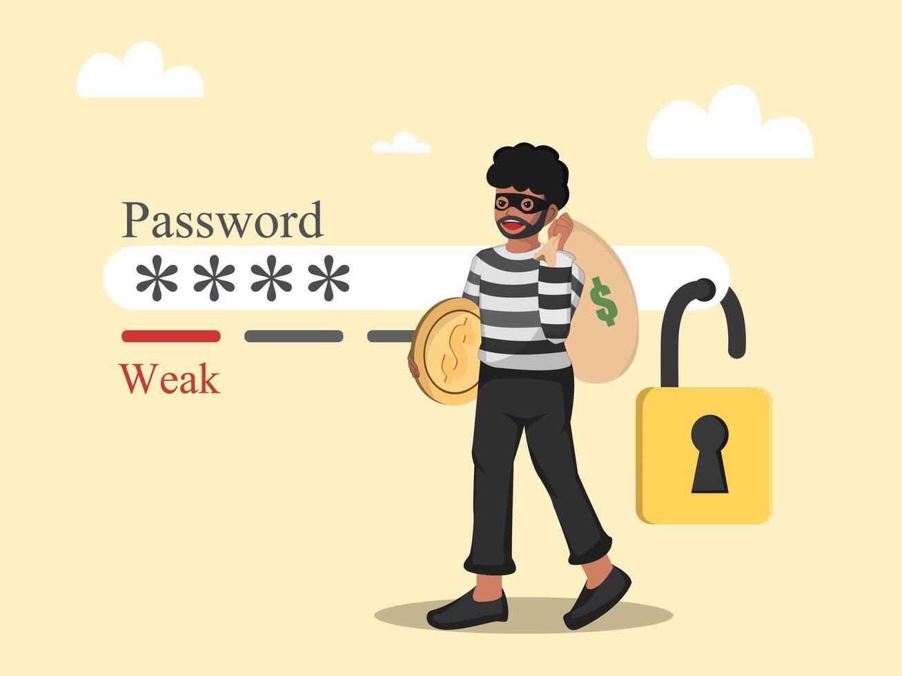 Illustration of a Hacker Stealing Data Due to Weak Password Security and Poor Cyber Protection. vector