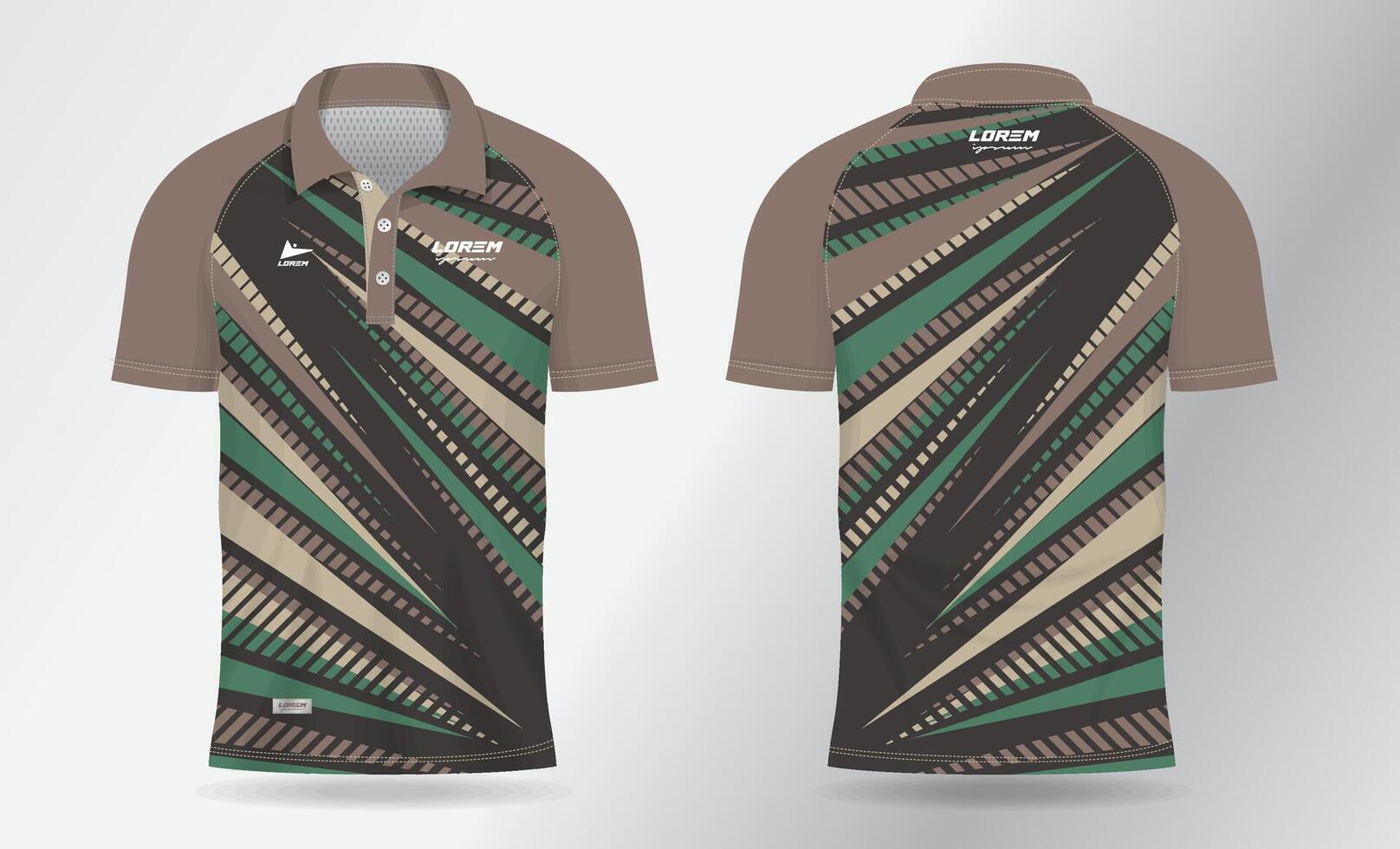 abstract khaki brown and green polo jersey shirt mockup template design for badminton, tennis, soccer, football or sport uniform in front view and back view vector