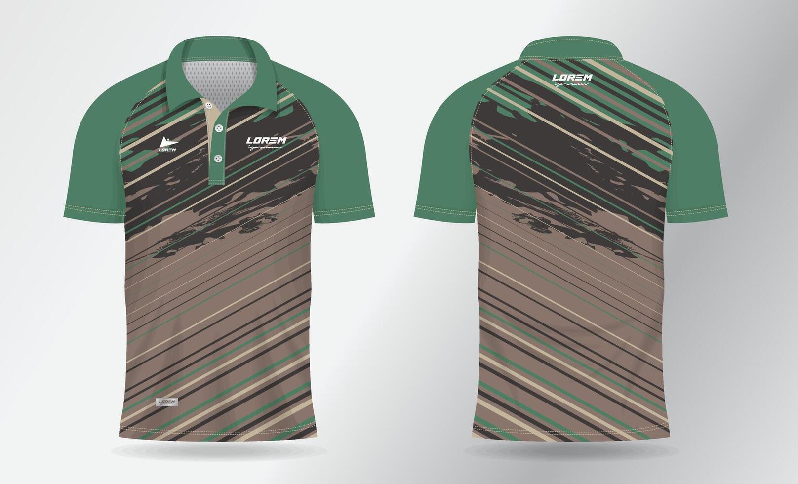 grunge khaki brown and green polo jersey shirt mockup template design for badminton, tennis, soccer, football or sport uniform in front view and back view vector