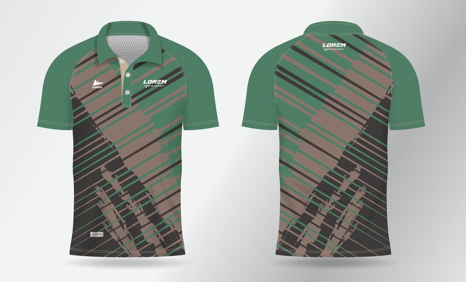 khaki brown and green polo jersey shirt mockup template design for badminton, tennis, soccer, football or sport uniform in front view and back view vector