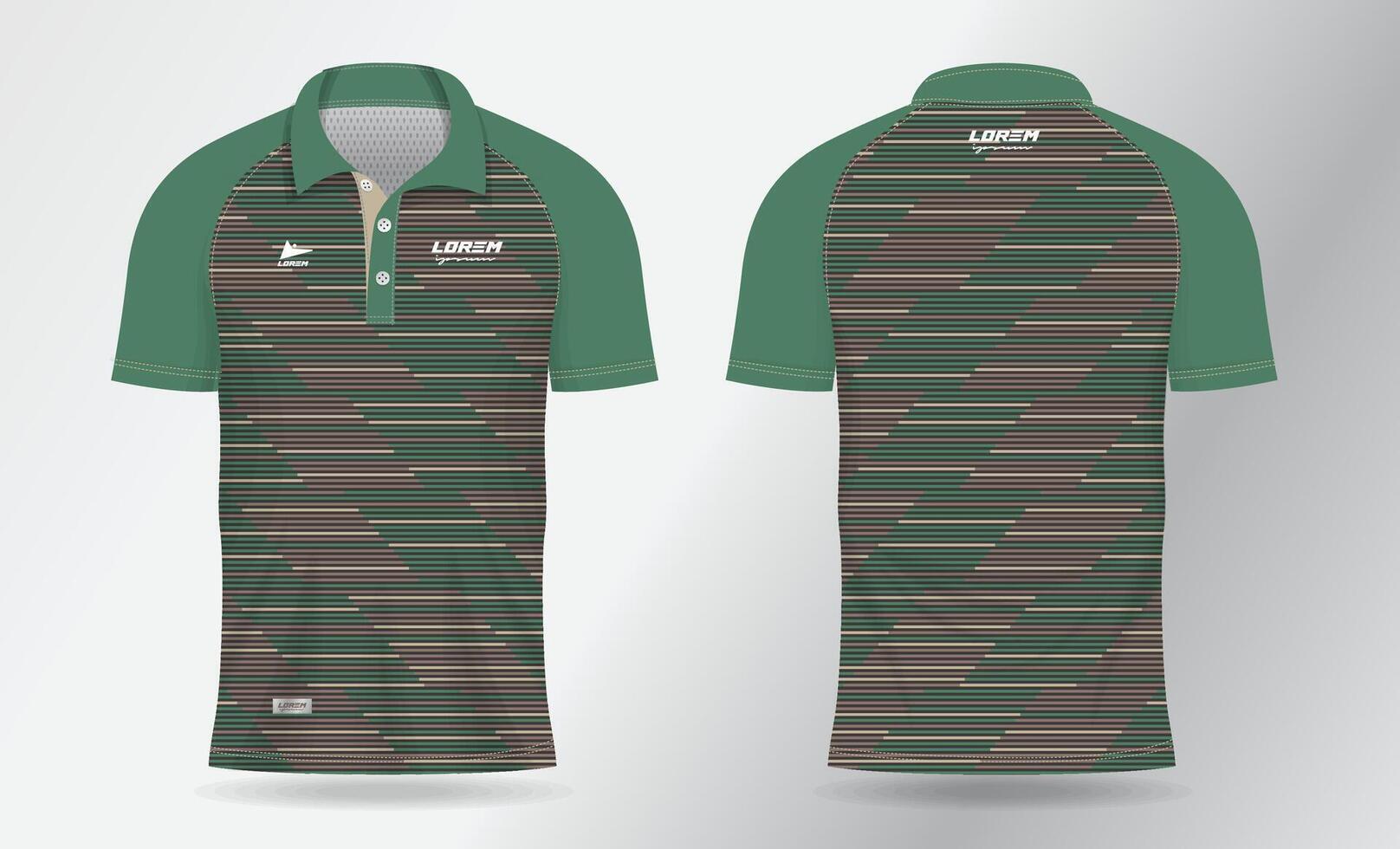 brown and green khaki polo jersey shirt mockup template design for badminton, tennis, soccer, football or sport uniform in front view and back view vector