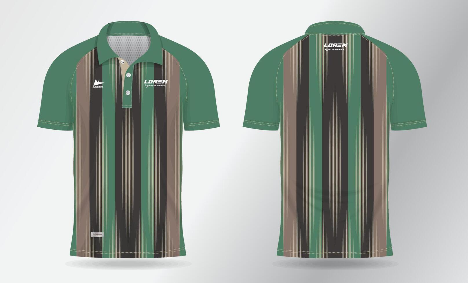 polo khaki brown and green jersey shirt mockup template design for badminton, tennis, soccer, football or sport uniform in front view and back view vector