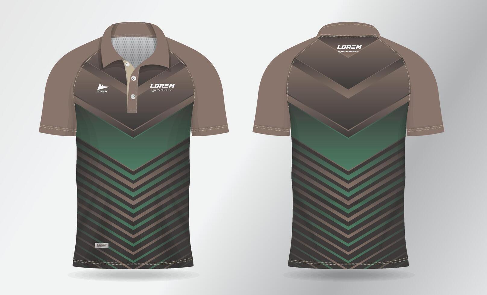 khaki brown green polo jersey shirt mockup template design for badminton, tennis, soccer, football or sport uniform in front view and back view vector