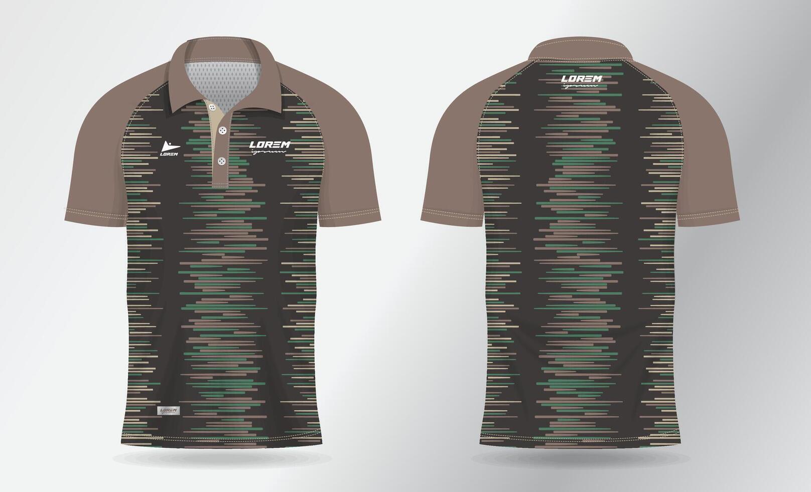 khaki abstract brown and green polo jersey shirt mockup template design for badminton, tennis, soccer, football or sport uniform in front view and back view vector