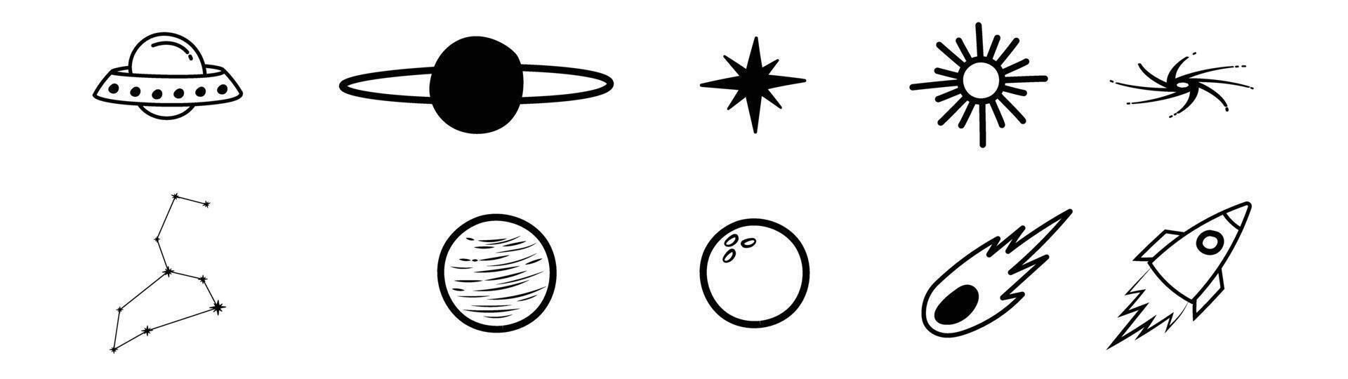 doodle space planet cute hand drawing star black hole, rocket, space ship vector