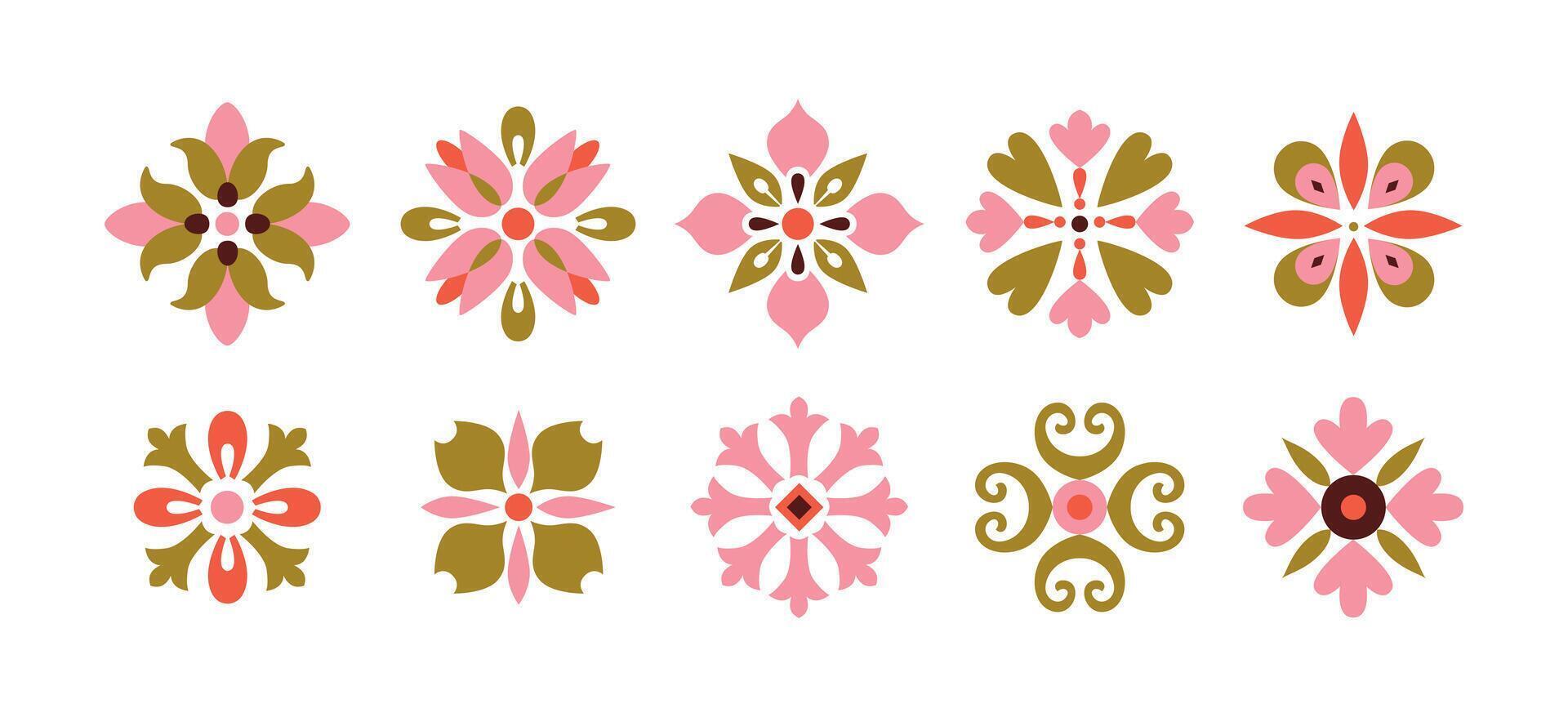 Retro floral ornament drawing. Geometric tile element. Oriental pattern. Mosaic art. Retro vintage aesthetic. Folk ethnic motif. illustration. vector