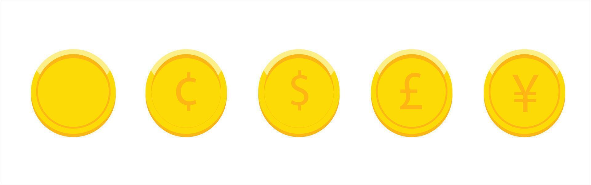 Illustrative depiction of coins representing diverse international currencies in bright golden tones showcasing global finance icons Minimalist and modern design vector