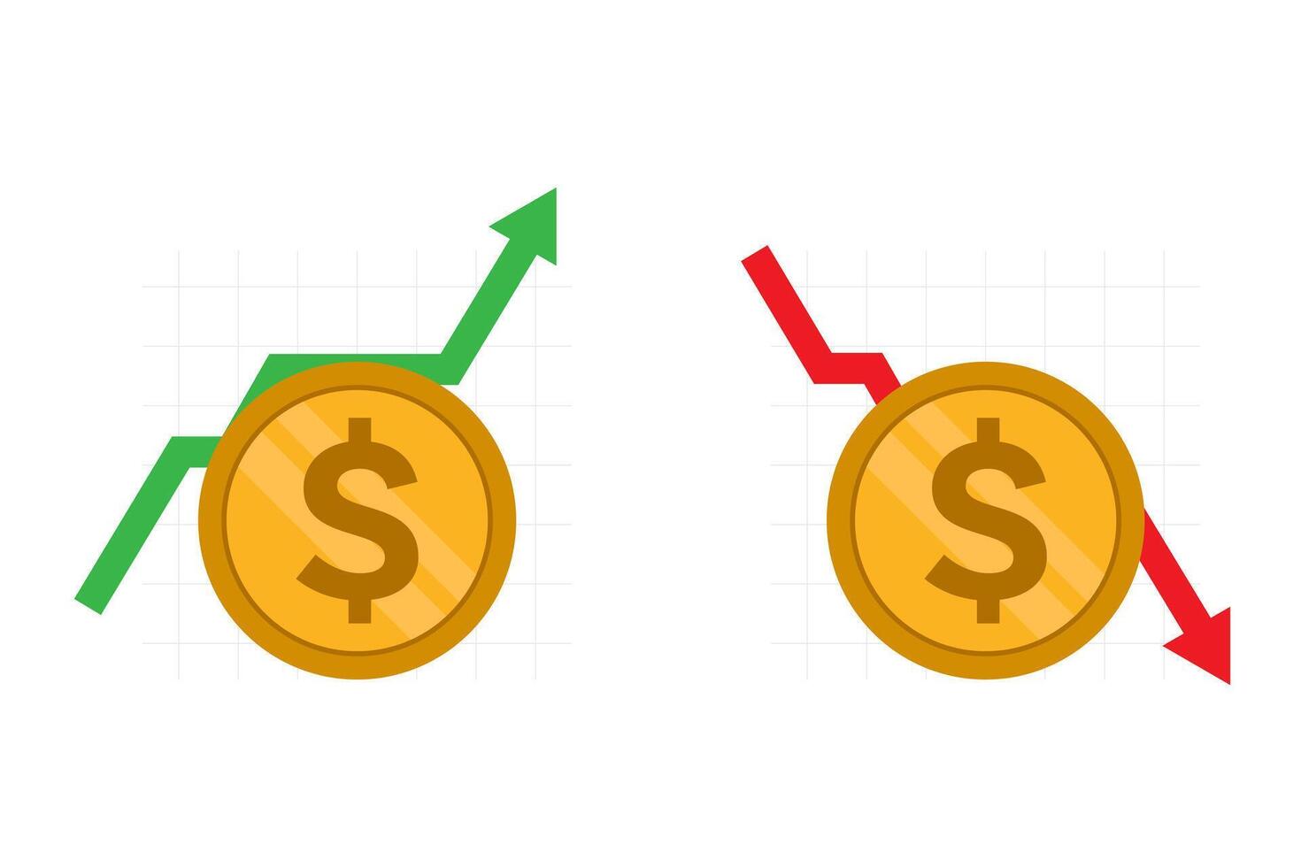 Coins with dollar signs and green up and red down arrows vector