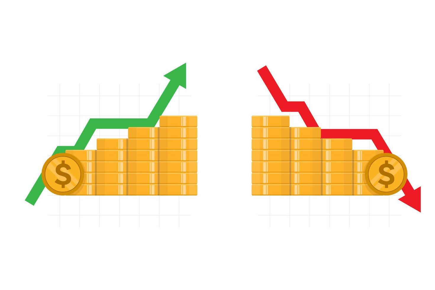 Coins dollar signs and green up and red down arrows vector
