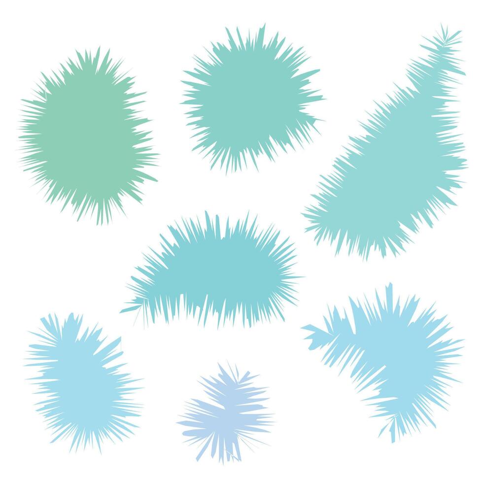Seven abstract shapes. Pastel blue and green tones. Transparent background. Irregular, jagged edges resembles fur or pine trees. Organic forms. Modern design. vector