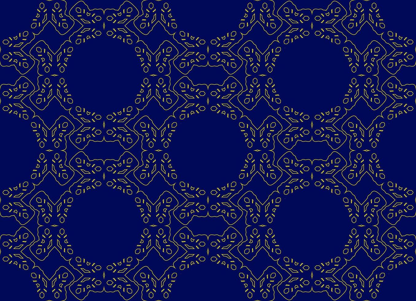 Symmetrical seamless pattern of ornate shapes. Lace, doilies decorative motifs. Light gold outlines. Deep blue background. Intricate line work. Vintage-inspired style. Cultural, elegant aesthetic. vector