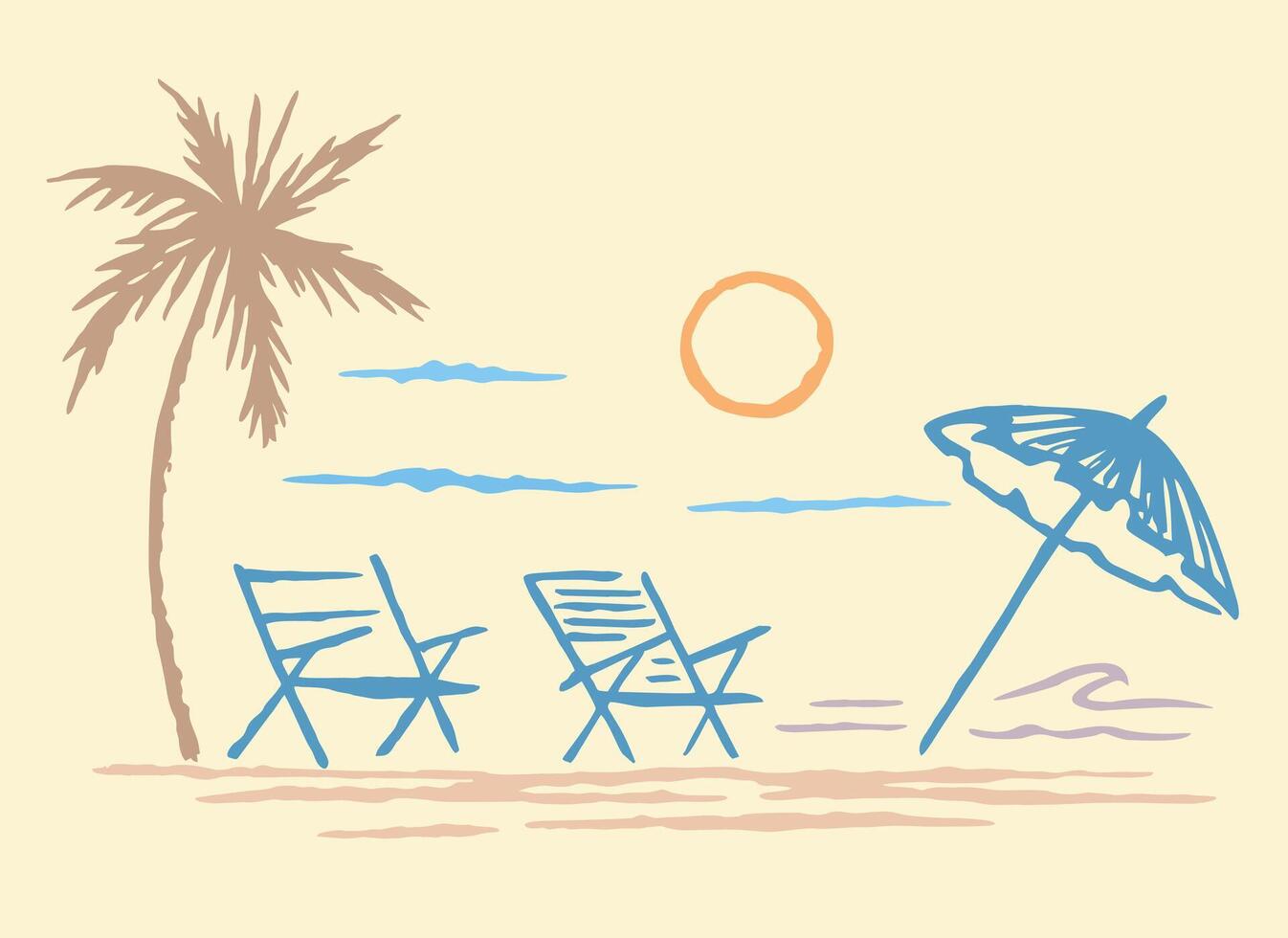Illustration of a sunny beach scene in simple, stylized lines. vector