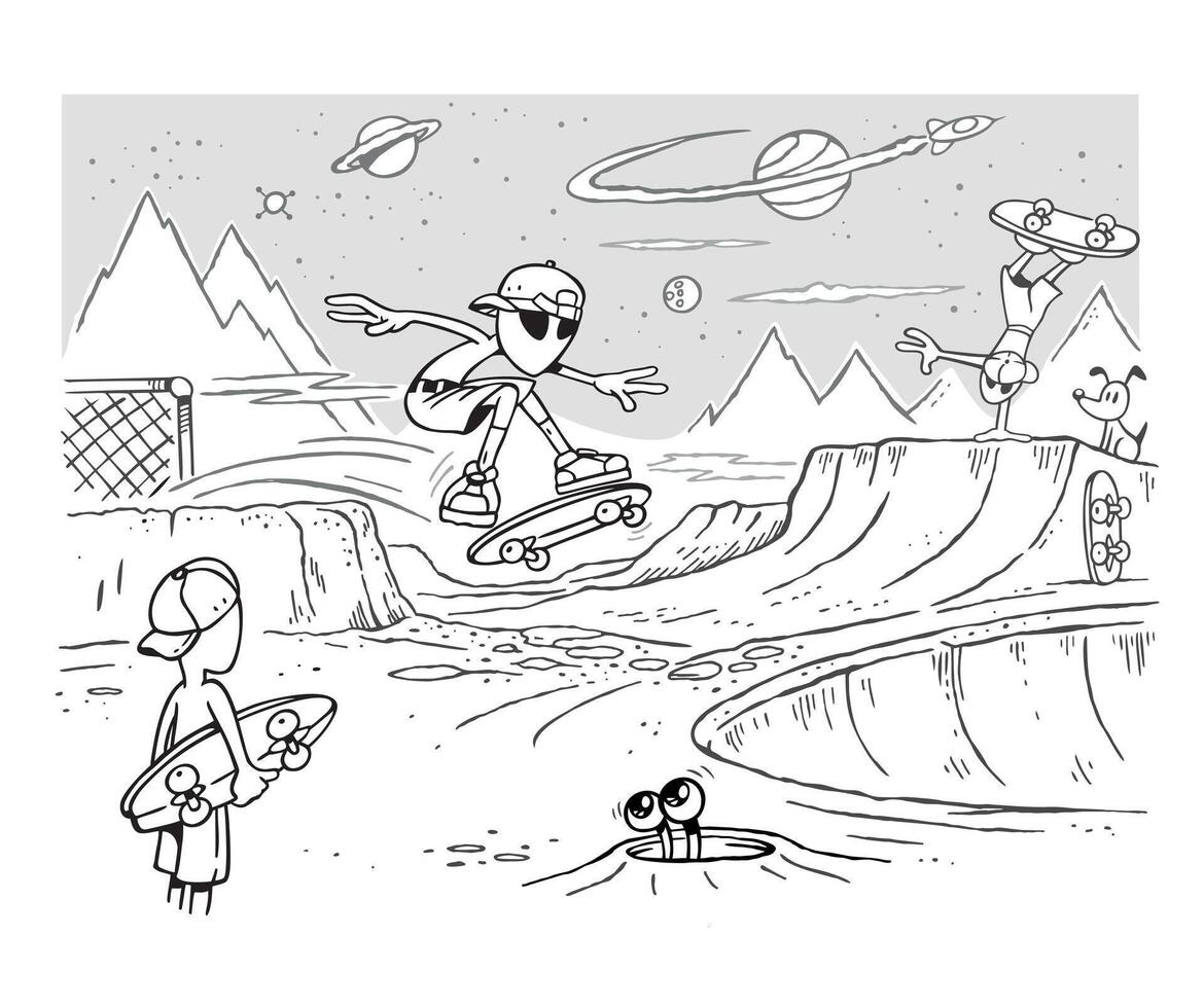 Cartoon style illustration of aliens skateboarding on another planet. Art with simple lines. vector