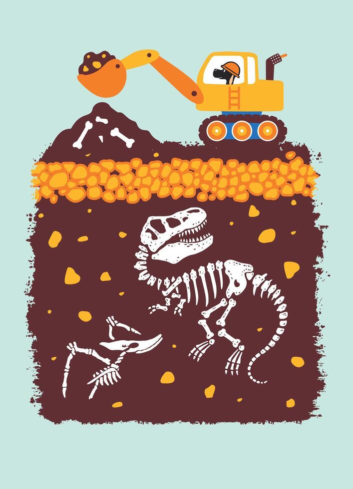 Illustration of accidental paleontological excavation. Art in childish style. vector