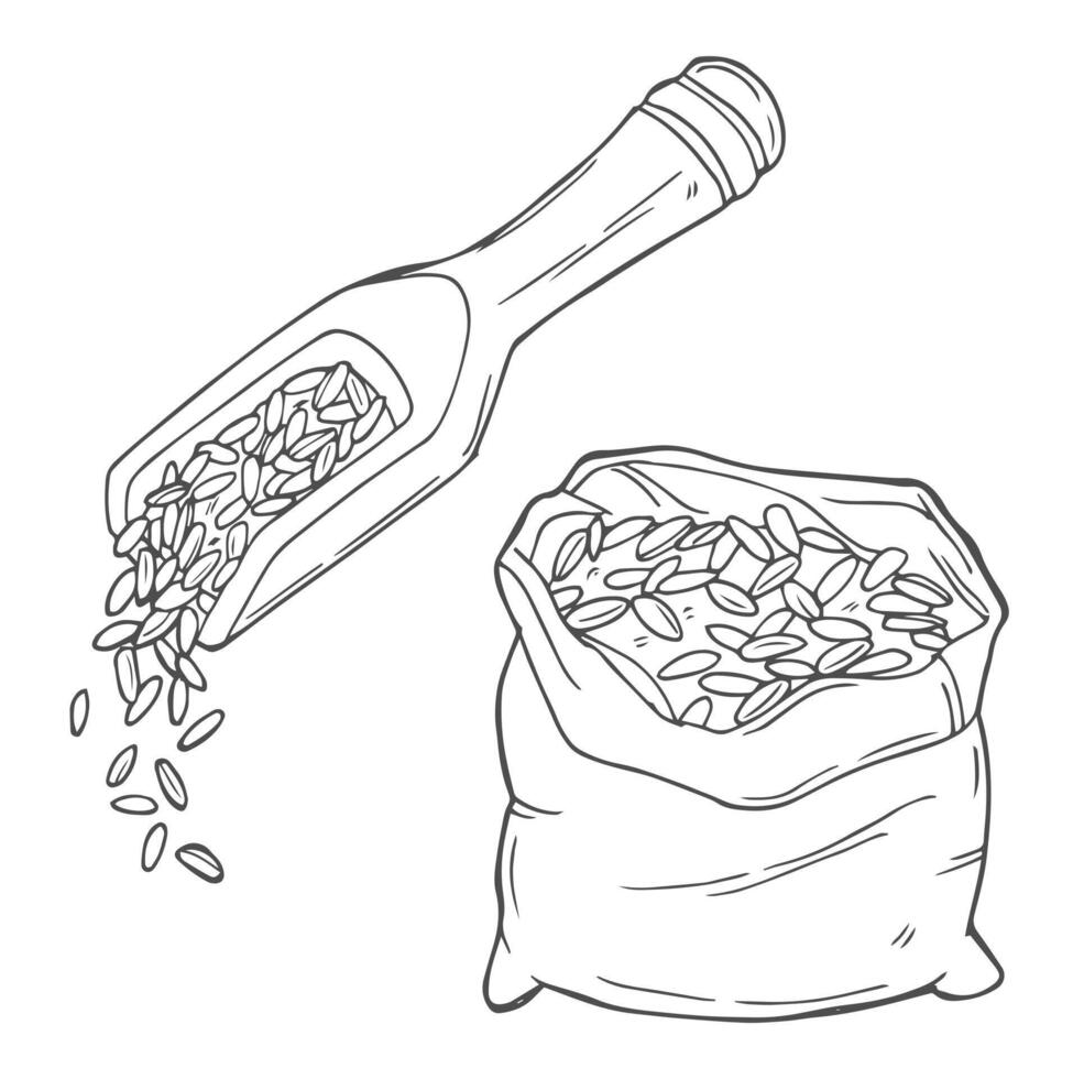 illustration of a sack with grain or rice cereal and a wooden scoop with rice grains. vector