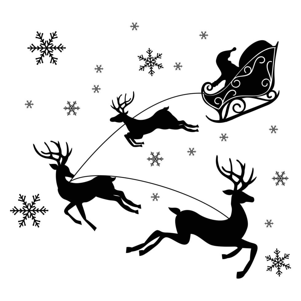 Santa Claus Flying on Sleigh with Reindeer Black Silhouette with Stars Snowflakes for Christmas Decor Greeting Cards vector