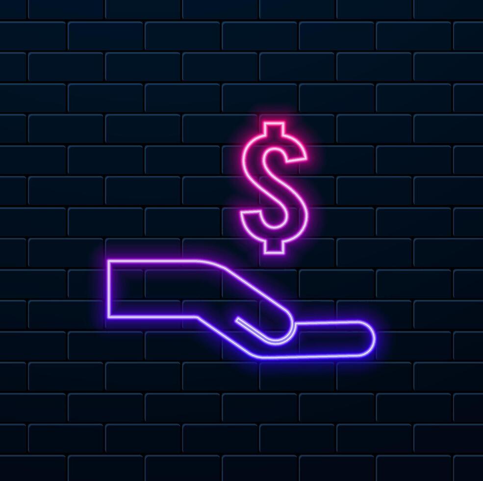 open hand giving money. neon style. take the dollar. take the money.Hand accepts donation icon. sign give penny . vector