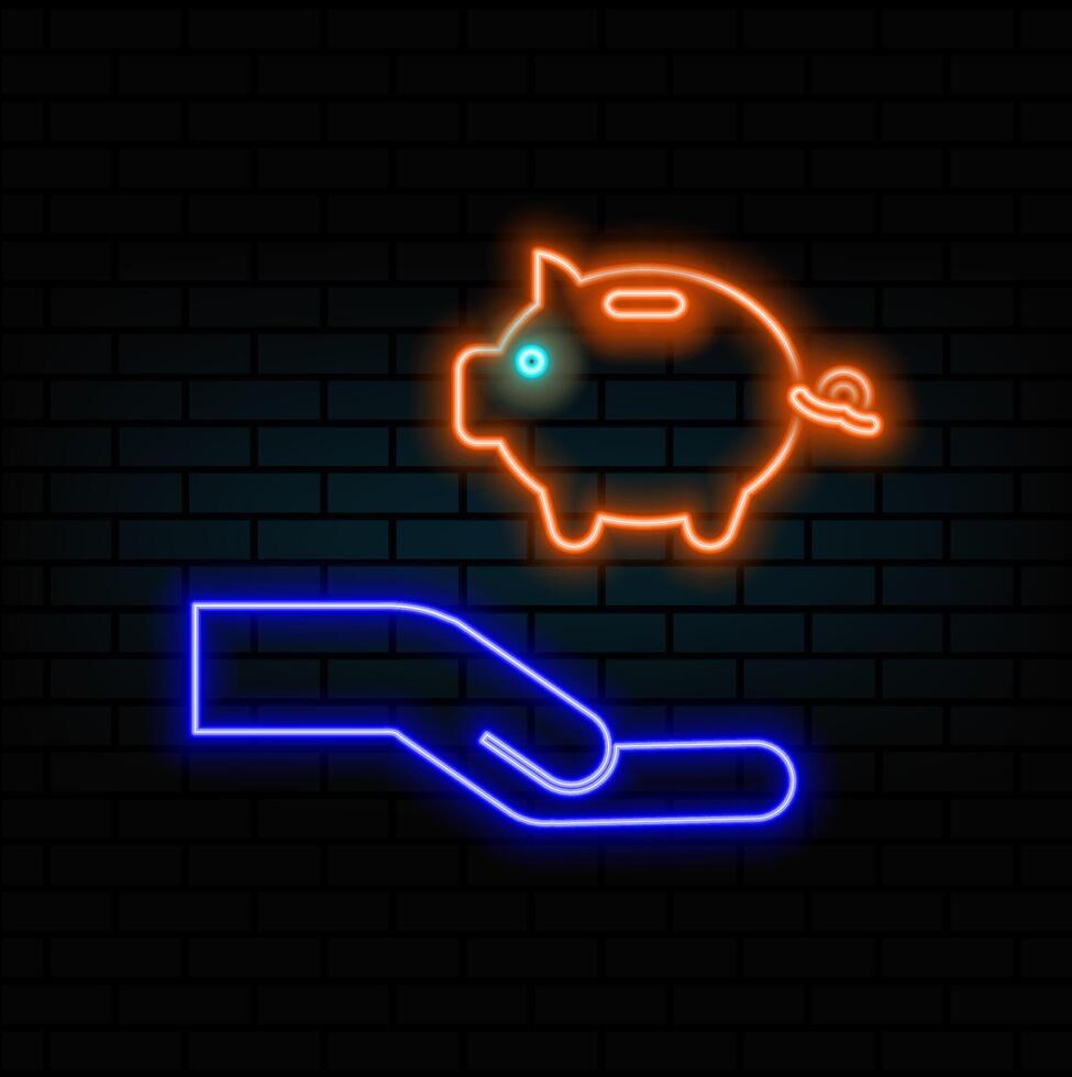 hand offering savings piggy bank. piggy bank. neon style. dollar with cent showing piggy bank savings icon vector