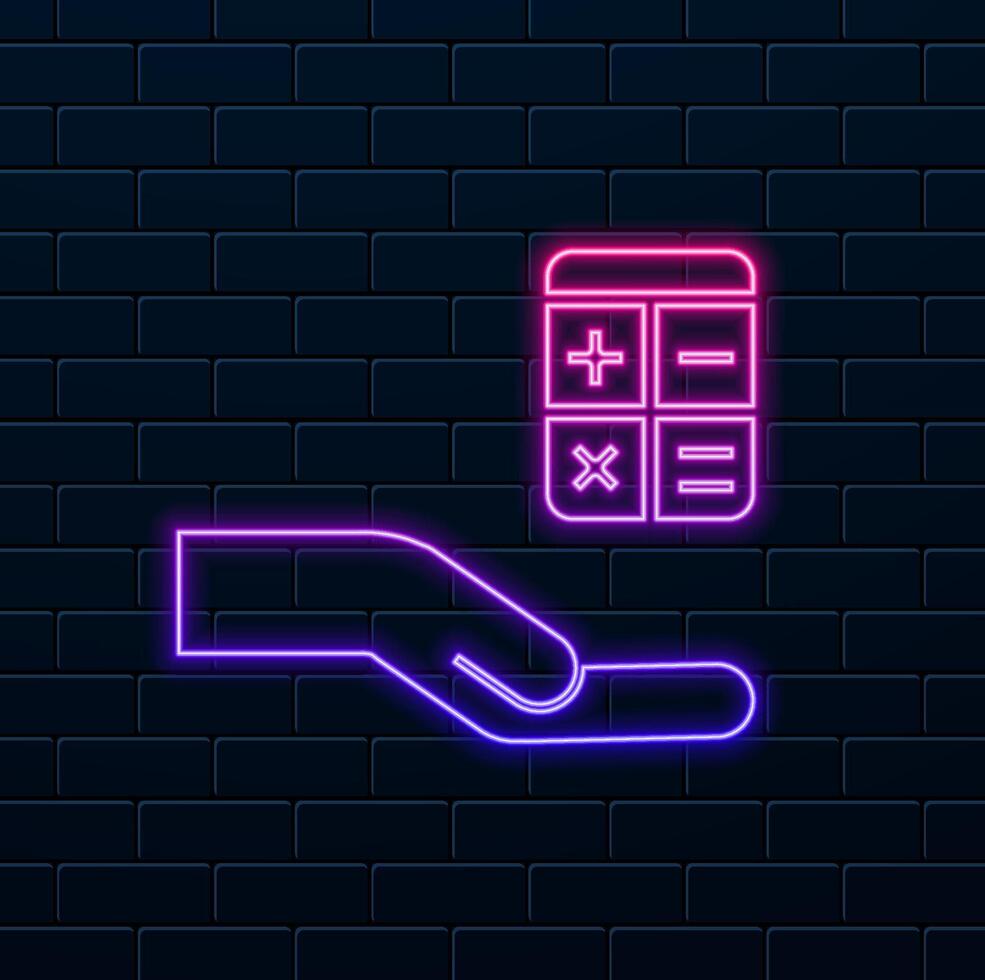 hand using mathematical calculator. device icon.hand safe calculator icon. financial control. neon style. vector