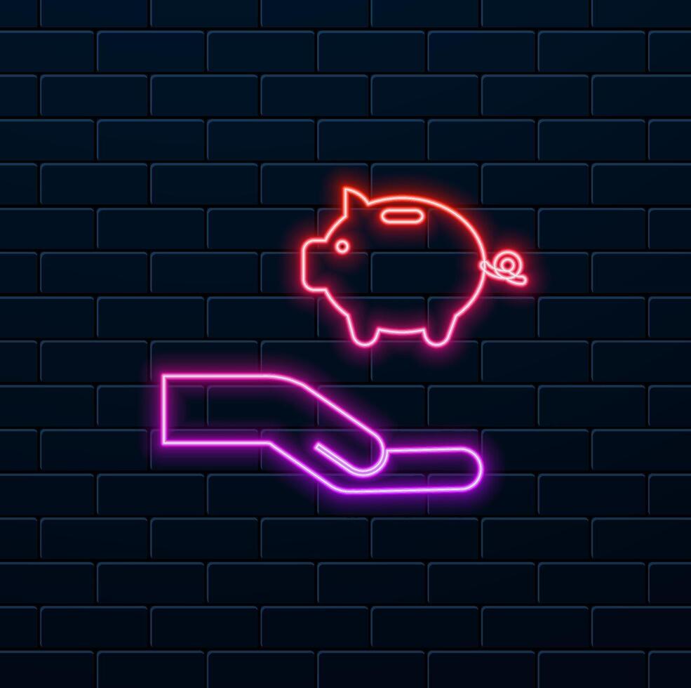 business man. piggy bank. neon style. dollar with cent showing piggy bank savings icon vector