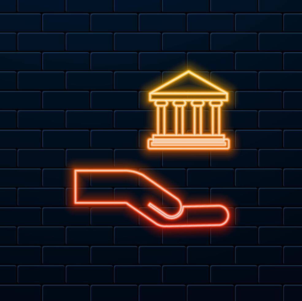 Bank building. deposit guarantee. symbol of protection against financial losses. neon style.culture museum icon. neon style. historic center. vector