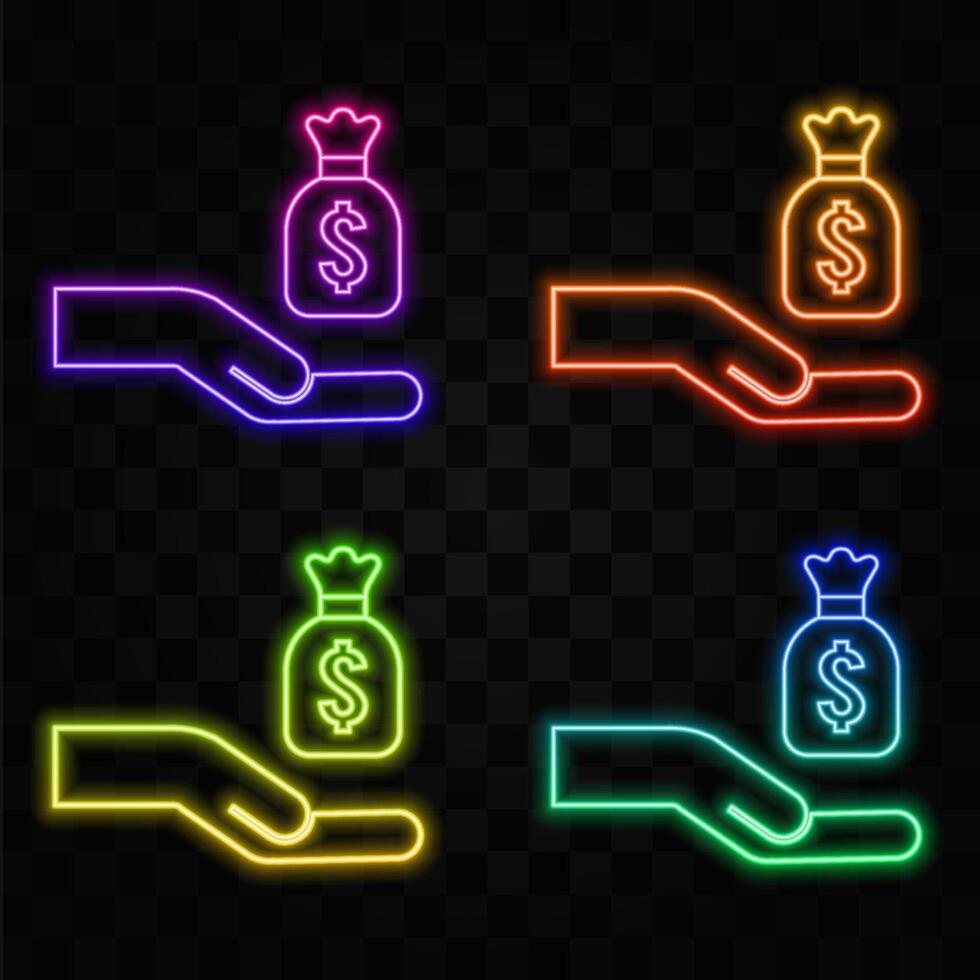 hand giving money. neon style. money icon in a bag. dollar in bag. vector