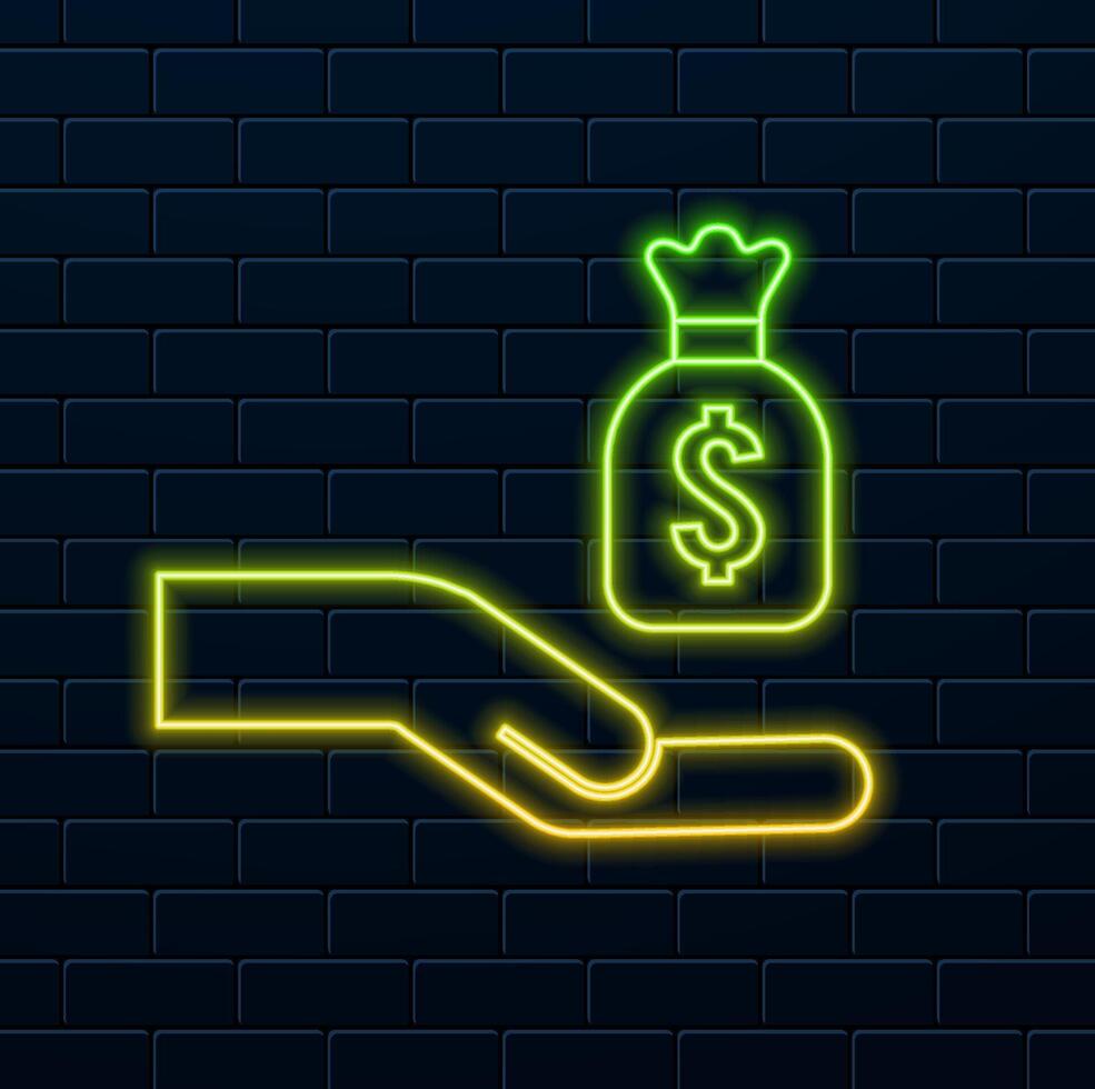hand holding a money bag with a dollar. neon style. hand giving money. neon. money icon in a bag. dollar in bag. vector