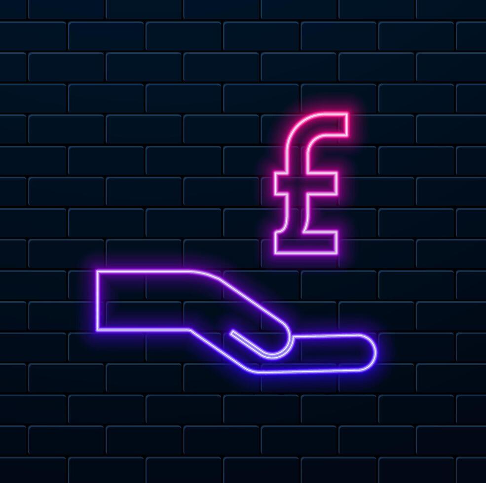 hand offering money.French franc currency symbol. neon style. The illustration of the currency symbol in French francs. French franc coin in hand. Hand coins. Coin and palm icon symbol. vector