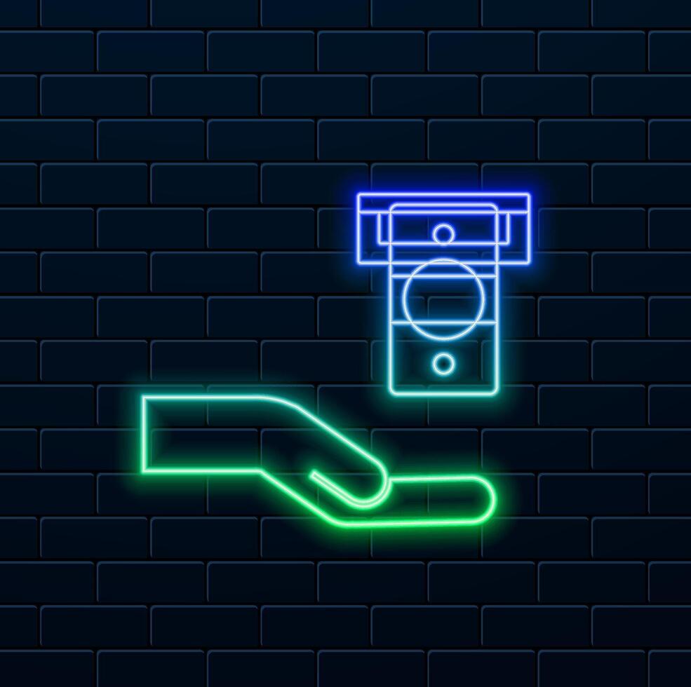 Neon style instant banking icon. flat of cash dispenser, atm machine vector