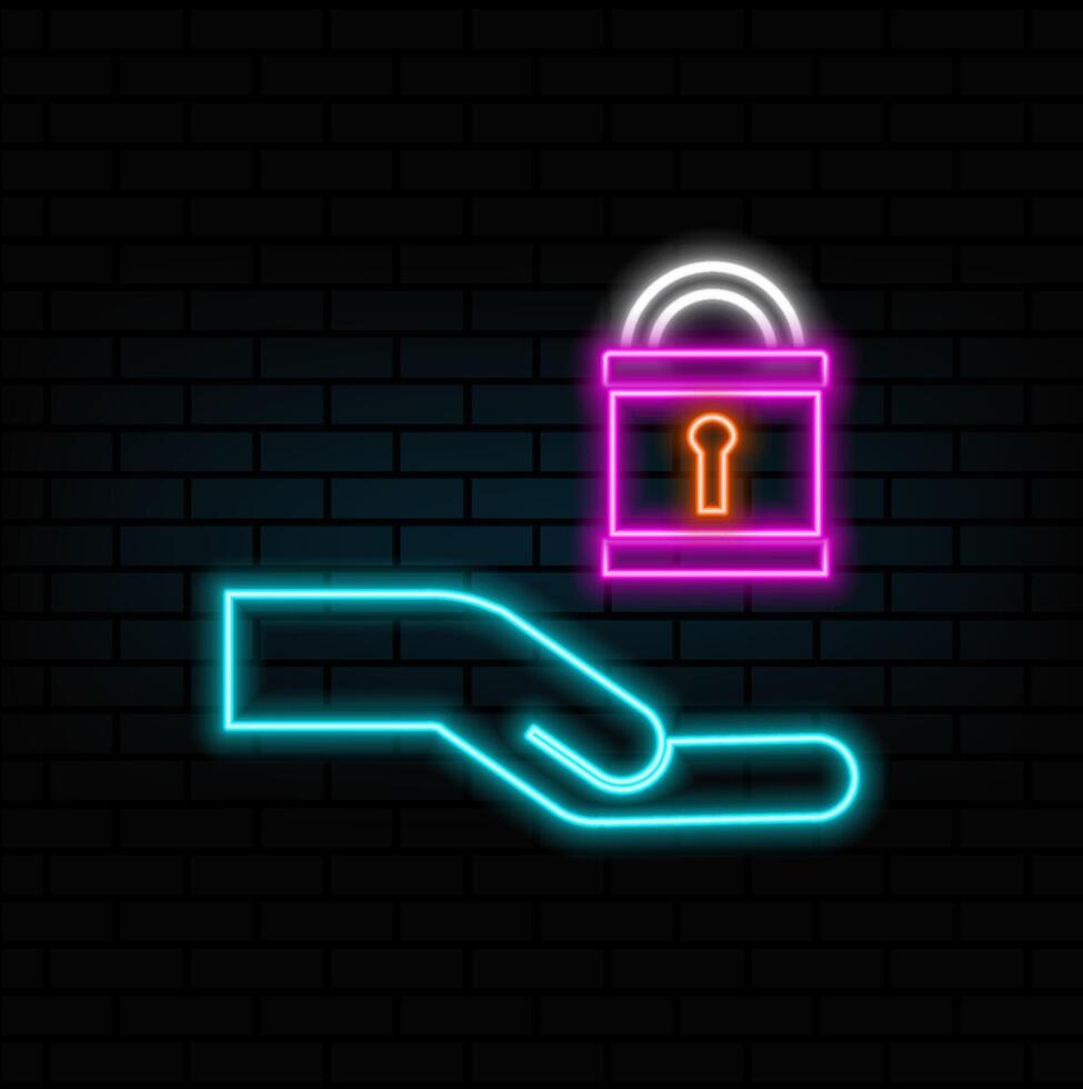 holding an open padlock in one hand. neon style.security, protection, privacy symbol.. Padlock sign icon. neon. Finance protection illustration vector