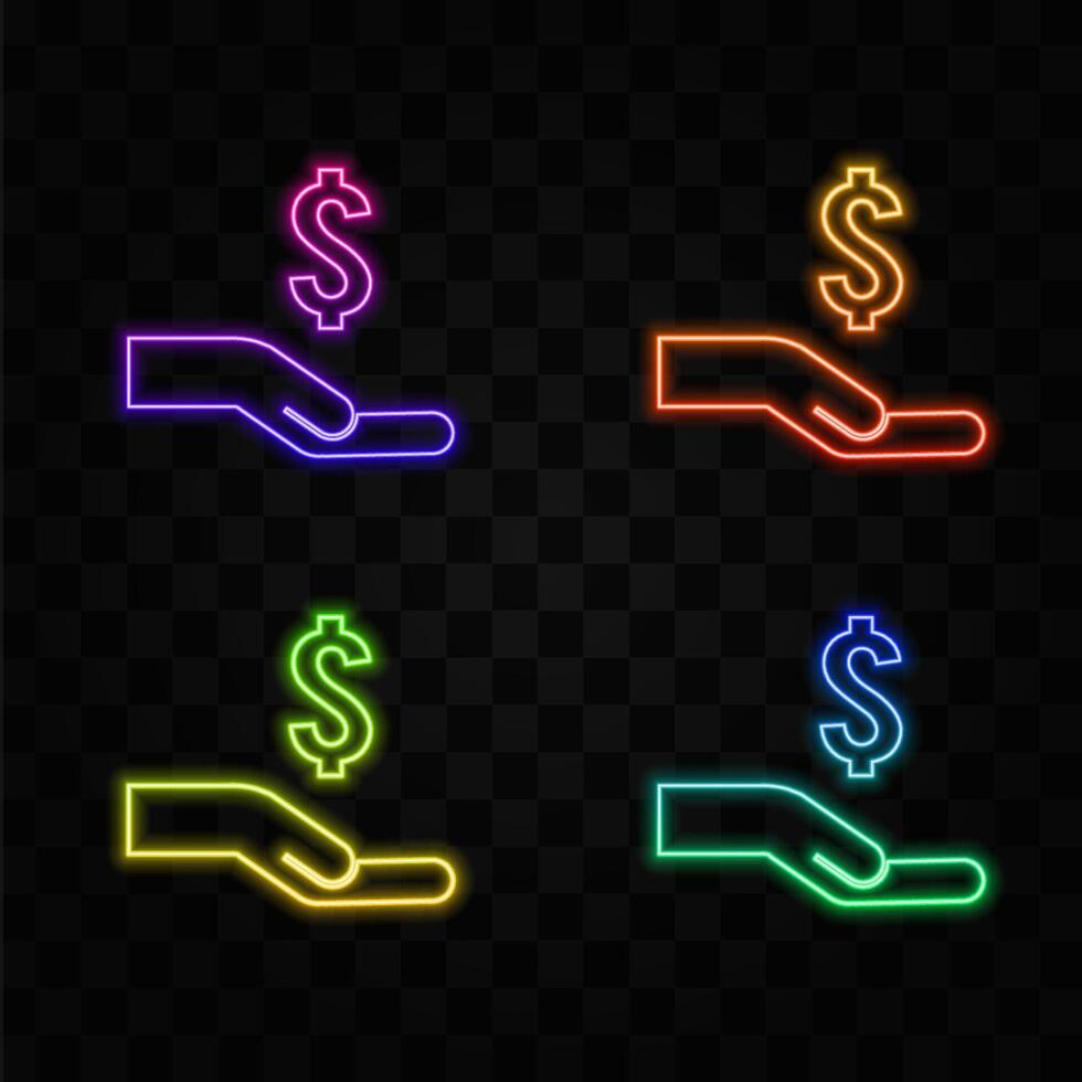 open hand giving money. neon style. take the money. pay the dollar. take money symbol. sign give penny . vector