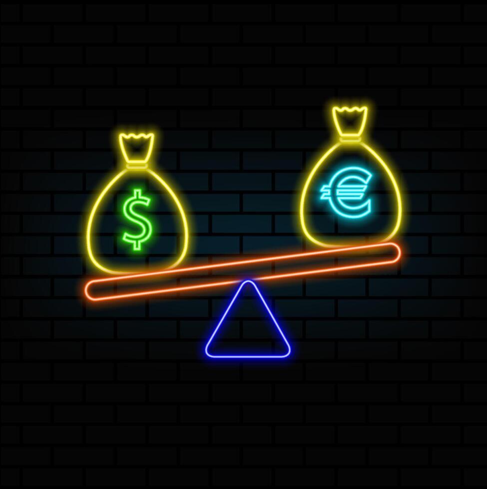 Euro dollar balance sheet. Correlation Euro Dollar. neon style. dollar and euro signs on a balance. balance between dollar and euro. vector