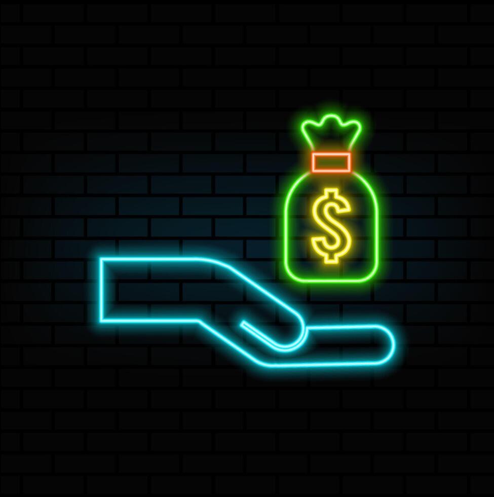 icon hand holding a money bag with a dollar. neon style. hand giving money. neon. money icon in a bag. dollar in bag. vector