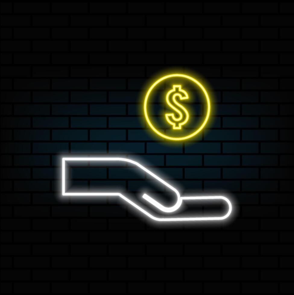 Dollar donation. Hand holding money dollar symbol with hands. neon style.Money in hand, dollar symbol icon. neon. vector