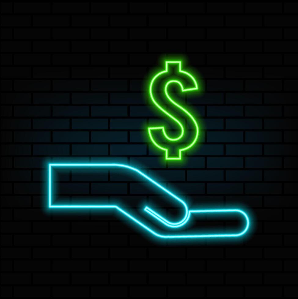 Money financial icon symbol. neon style. open hand giving money. take the dollar. take the money. donation icon. sign give penny . vector