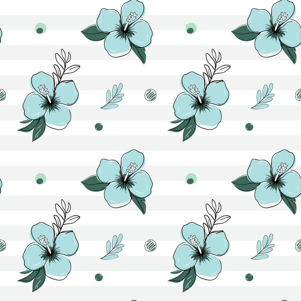 Seamless pattern with tropical flowers with black outline. Blue hibiscus backckground. Sketch, line art drawing style. vector