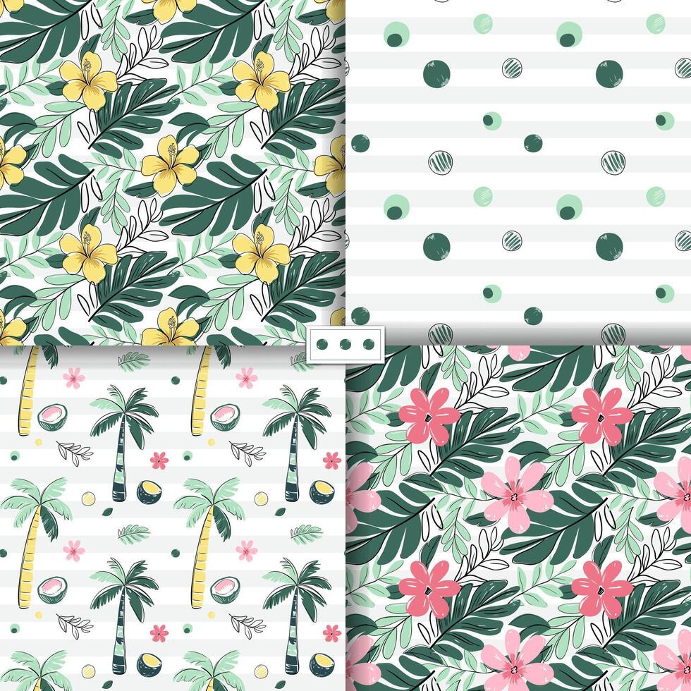 Seamless patterns with tropical flowers, coconut, palm trees. Sketch drawing. Doodle tropical backckgrounds. vector