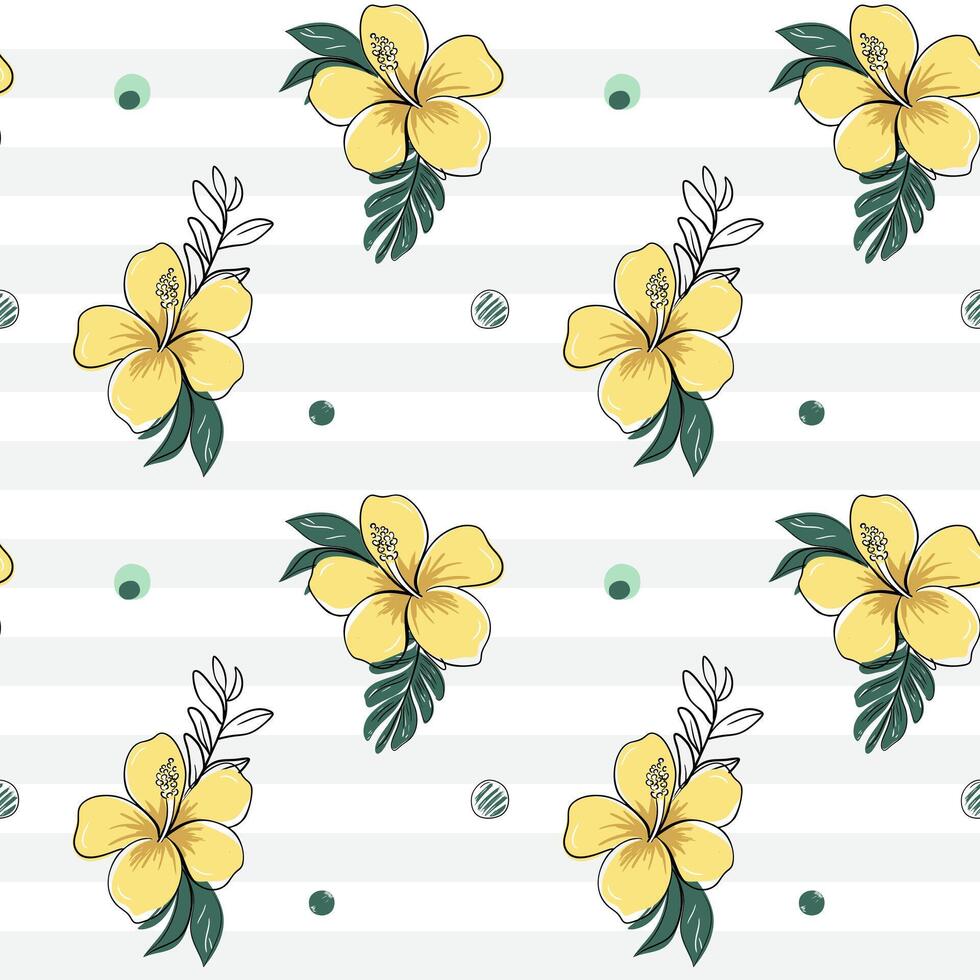 Seamless pattern with tropical flowers with black outline. Yellow hibiscus backckground. Sketch, line art drawing style. vector