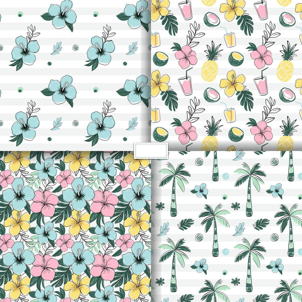 Seamless patterns with exotic flowers and palm trees. Sketch drawing style. Doodle tropical backckgrounds. vector