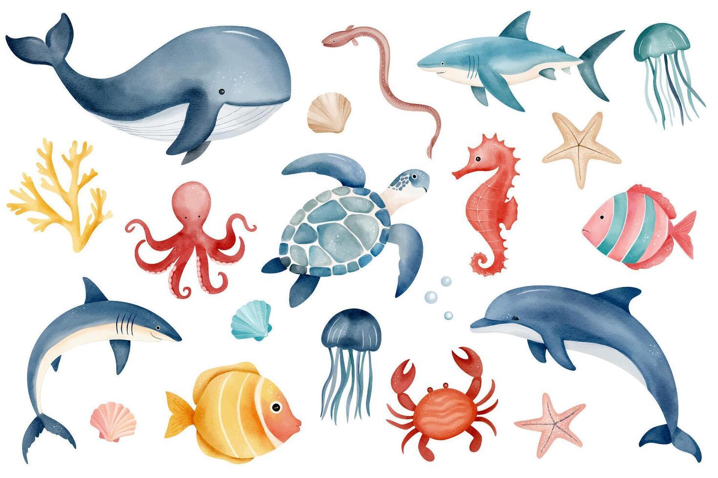 Watercolor whale, shark, seahorse, dolphin, eel, jellyfish, octopus. Cute marine animals. Hand drawn water inhabitants. vector