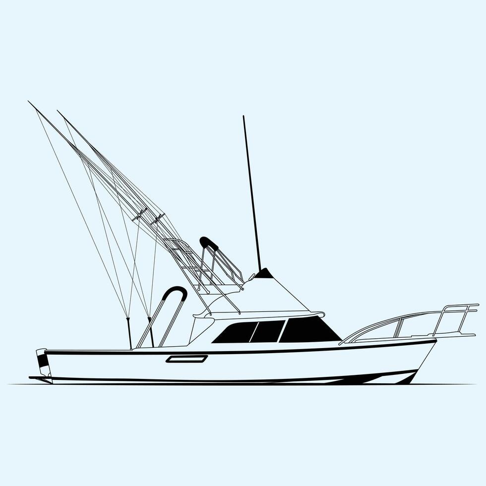 Boat One Color Fishing Boat Illustration Line Art vector